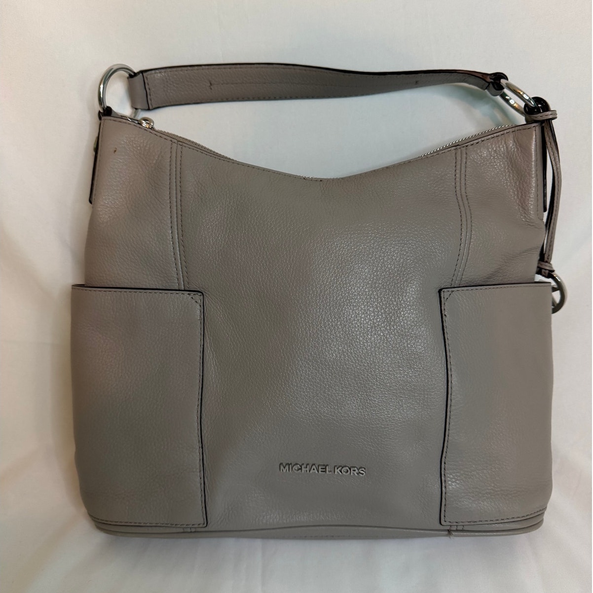 Michael Kors Anita Large Shoulder Bag Pearl Gray Pebbled Leather Hobo